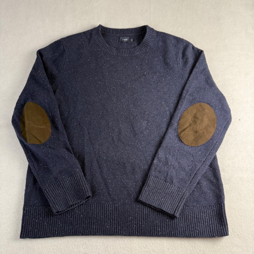 J.Crew Mens Large Navy Blue Donegal Wool Blend Sweater Elbow Patches Crewneck